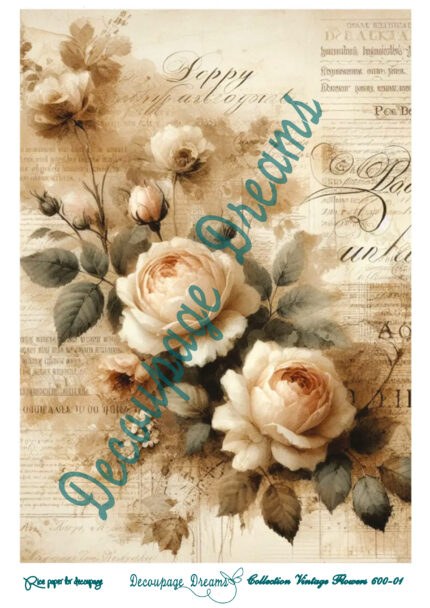 Ριζόχαρτο ντεκουπάζ Α3 vintage τριαντάφυλλα σε παλαιωμένο φόντο