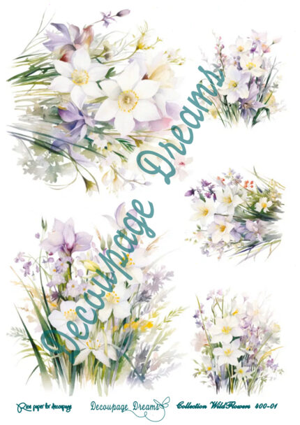 Ριζόχαρτο decoupage A4 μπουκέτα λευκών αγριολούλουδων