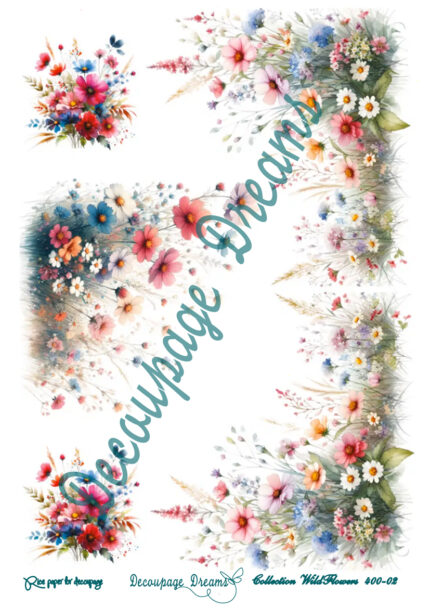 Ριζόχαρτο decoupage A4 ρομαντικά αγριολούλουδα και μαργαρίτες