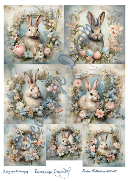 Ριζόχαρτο decoupage Α4 λαγουδάκια σε στεφάνι vintage λουλουδιών – Vintage Easter