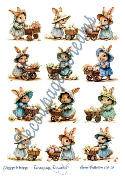 Ριζόχαρτο decoupage Α4 λαγουδάκια με καροτσάκια και αυγά