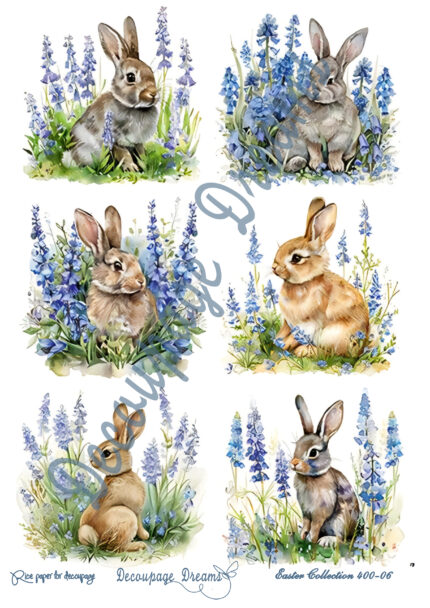 Ριζόχαρτο decoupage Α4 λαγουδάκια με μπλε λουλούδια – Spring collection