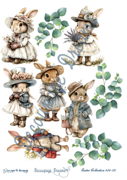 Ριζόχαρτο decoupage Α4 vintage λαγουδάκια με ρούχα – Shabby chic Easter