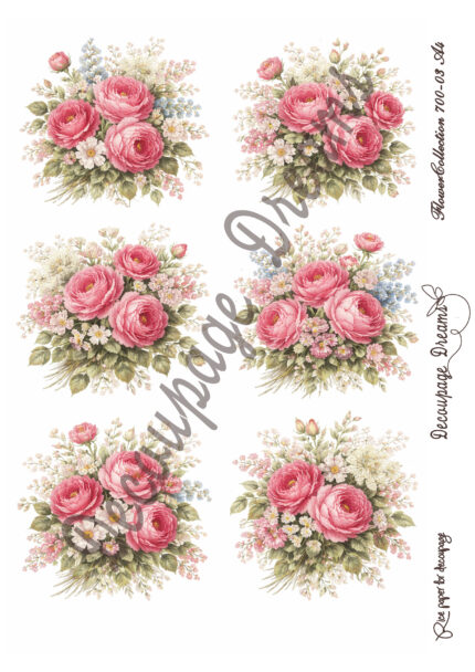 Ριζόχαρτο ντεκουπάζ Α4 ρομαντικά μπουκέτα ροζ τριαντάφυλλα