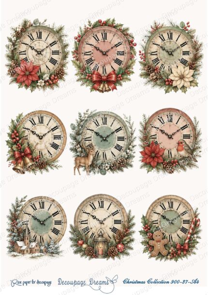 Ριζόχαρτο decoupage Α4 Χριστουγεννιάτικα ρολόγια vintage - Christmas Collection (21x29,7cm) Decoupage Dreams – 900-37