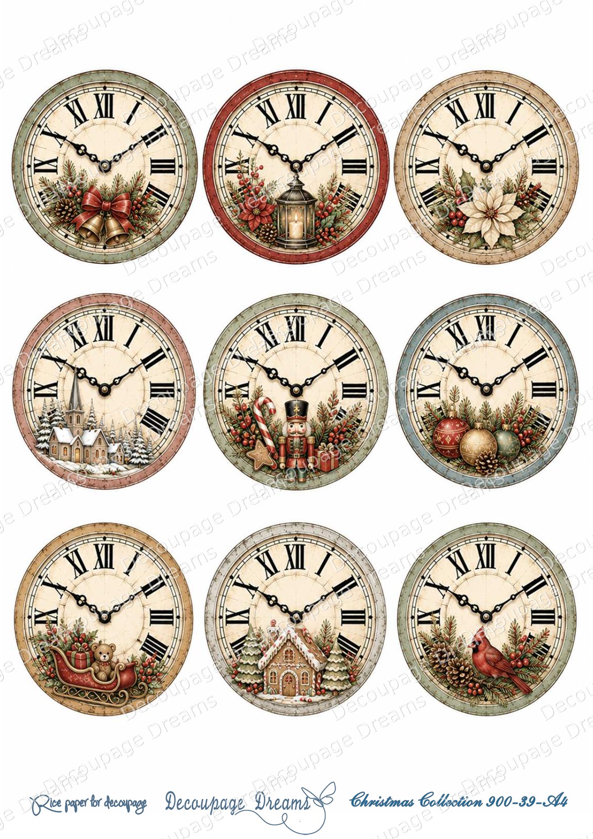 Ριζόχαρτο decoupage Α4 Vintage χριστουγεννιάτικα ρολόγια- Christmas Collection (21x29,7cm) Decoupage Dreams – 900-39 Ριζόχαρτο decoupage Α4 Vintage χριστουγεννιάτικα ρολόγια- Christmas Collection (21x29,7cm) Decoupage Dreams – 900-39